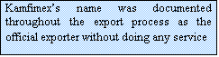 Text Box: Kamfimex�s name was documented throughout the export process as the official exporter without doing any service 